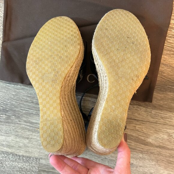Gucci Monogram Vernice Microguccissima Espadrille Wedges Size 39.5 - Picture 10 of 13